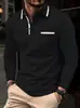 Polo Masculino de Manga Longa Europeu e Americano Transfronteiriço para Primavera e Outono com Estampa 3D, Polo Casual para Uso Externo com Bolso e Botão