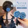 Diadema Elástica Azul Denim con Flor Rosa para Coleta Accesorios para el Cabello Herramienta de Peinado Hecho a Mano para Niñas Pequeñas
