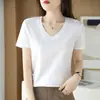 Suéter Feminino Manga Curta Gola V Clássico Simples Cor Sólida Camisa Básica Elegante 2026 Primavera e Verão Novo Estilo Camiseta de Algodão Mercerizado