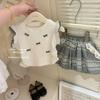 Conjunto para Meninas 2025 Verão Novo Doce e Estiloso Laço Camiseta de Manga Curta Shorts Xadrez Conjunto de Duas Peças Tendência