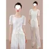 Conjunto Casual Simples e Estiloso para Mulheres, Novo Estilo Verão 2025, Top que Marca a Cintura, Elegante e Emagrecedor, Conjunto de Duas Peças com Calça Longa