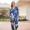 [Leopardo de Nieve Azul] Pijama para Mujer Primavera y Otoño Manga Larga Delgado de Seda de Hielo para Mujer Conjunto de Ropa de Casa de Verano