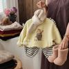 Conjunto de Moletom com Forro de Lã para Meninas 2025 Novo Outono e Inverno Crianças Desenho Animado Forrado com Lã Calça Grossa Listrada Conjunto