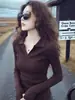 Suéter base de tricô marrom estilo francês vintage com gola polo para mulheres, novo suéter slim-fit outono e inverno A13929