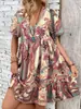 Vestido de Amazon Estampado Paisley Bohemio Europeo y Americano con Cuello en V, Mangas Cortas Abullonadas, Capas de Volantes y Pliegues