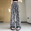 Calça Pantalona Floral Elegante e Moderna para Mulheres, Verão Fina Estilosa de Cintura Alta Casual em Seda de Gelo Reta