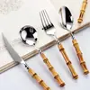 Acero Inoxidable Cubiertos para Comida Occidental Cuchillo, Tenedor y Cuchara con Mango de Inserción de Bambú Rústico