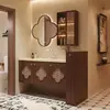 Espejo de Trébol de Cuatro Hojas Estilo Medieval Gabinete de Baño Gabinete de Baño Roble Madera Mimbre Lavabo Cerámico Lavabo