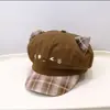 Gorro Lindo de Cuadros con Orejas de Gato Estilo Japonés para Niñas, Patchwork de Cuadros para Primavera y Otoño, Adelgazante de Rostro, Gorra de Boina Versátil, Gorro Octogonal