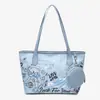Bolsa Tote Urso de Desenho Animado Grafite Colorido Personalizada Grande Capacidade Portátil Bolsa de Ombro Feminina Mini Carteira de Moedas Conjunto de Duas Peças