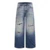 Calça Jeans Masculina Rasgada Desgastada Design Americano High Street Decoração com Tachas Punk Gradiente Lavada Perna Larga Longa