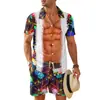 Amazon Europeia e Americana 2025 Nova Camisa de Manga Curta com Gola Cubana Engraçada para Músculos Terno com Shorts MB34 MA04