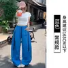 2026 Calça Casual de Tecido Texturizado Listrado Cintura Alta Solta Respirável Estilo Preguiçoso Emagrecedora Versátil Wide-Leg