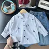 Ropa infantil para niños colección otoño 2026, camisa a rayas de manga larga con bordado de dibujos animados para niños, camisa estilo coreano venta al por mayor y dropshipping