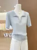 Tiro Real~Suéter de Punto con Cuello Camisero de Manga Corta Color Verde Limón para Mujer, Top Delgado y Versátil Adelgazante