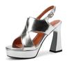 Zapatos de tacón alto elegantes con tiras cruzadas y punta abierta de cuero genuino para mujer, estilo nuevo de verano 2025, sandalias de plataforma plateadas para el trabajo