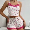 Conjunto de Duas Peças de Renda com Laço e Estampa de Coração para Mulheres, Estilo Novo Europeu e Americano, Camisola e Peça Ribbed para Casa, Pode Ser Usado ao Ar Livre