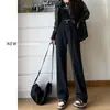 Jeans de Pierna Ancha Negros y Grises para Mujer, Estilo Popular Otoño 2025, Pantalones Rectos de Tiro Alto Sueltos para Petite, Largo hasta el Suelo para Invierno