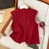 Chaleco de mujer, 100% lana pura, versátil para capas, chaleco de punto de un solo botón estilo coreano, aspecto de alta gama, rojo