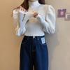 Suéter Base de Punto de Color Sólido con Mangas de Linterna para Mujer, Nuevo Ajuste Delgado, Cuello Semi-alto, Elegante Top de Manga Larga Versátil
