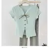 Design Estilo Coreano Gravata Borboleta Decote V Tricô de Manga Curta para Mulheres Verão Look Emagrecedor Top Curto com Fenda