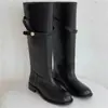Versión Piel de Vaca Retro Hebilla Pequeña Dorada Cuero Genuino Botas de Suela Gruesa para Mujer Hebilla de Cinturón Tacón Grueso Botas de Caballero Botas Altas Botas