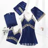 Conjunto de pijama de seda gelada feminino para o verão, camisola sexy de renda com roupão, conjunto de cinco peças, roupa de casa de manga comprida para live do TikTok com bojos