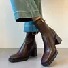 Botines de Piel Suave de Tacón Alto con Suela Gruesa para Mujer 2026 Otoño/Invierno Nuevos Botas Adelgazantes Puntera Cuadrada Retro Tacón Grueso Botas de Moda