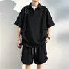 Traje Casual Transfronterizo para Hombre Tallas Grandes, Camisa de Manga Corta con Múltiples Bolsillos y Shorts de Dos Piezas Juvenil Holgado de Verano, Tendencia