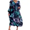 Vestido longo estampado com gola V novo Primavera e Outono 2023 transfronteiriço Moda feminina europeia e americana emagrecedor que reduz a idade moda