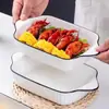 Estilo Nórdico Hogareño Cerámica Binaural Plato para Hornear de 10.5 Pulgadas Patrón Vertical Plato Binaural para Pescado Plato para Pescado al Vapor Plato para Aletas a la Parrilla Plato para Hornear
