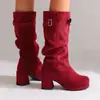 Botas de Caña Media Holgadas de Gamuza con Hebilla de Moda Botines Chelsea Tacón Medio Botas de Motocicleta Talla Grande 40-48 Comercio Exterior
