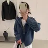 Cardigan de Tricô com Capuz e Zíper Listrado Color Block Estilo Coreano Outono Inverno Novo Suéter Solto Preguiçoso Top Peça de Roupa Externa Feminina