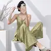 Vestido de Alcinha de Algodão e Seda para Mulheres, Verão Fino Soltinho Estampado Roupa de Casa, Pode Ser Usado Fora, Estilo Preguiçoso Pijama, Sexy