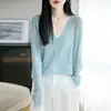 Cárdigan de punto de lino calado con protección solar y cuello en V, nuevo y elegante top fino de color liso para mujer en verano