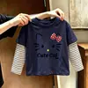 Blusa listrada de algodão puro para meninas, um novo estilo primavera/outono, disponível nos tamanhos médio e grande, camiseta de manga comprida para crianças, camiseta de bebê da moda