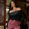 Body de ombro único franzido estilo europeu e americano, de manga longa, ombro a ombro, elástico, justo ao corpo, top body básico versátil para um look sexy