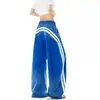Pantalones de chándal azules con degradado y letras de estilo urbano americano para hombre y mujer, pantalones casuales holgados a rayas de primavera y otoño, de caída larga