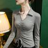 2022 Otoño Nueva Camiseta de Cuello Polo para Mujer Ajustada de Manga Larga con Cordón Sentido del Diseño Color Sólido Estilo Occidental Camiseta Básica de Primavera y Otoño