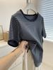 Camiseta feminina azul com listras finas de manga curta japonesa! Top Casual Básico de Gola Redonda Espesso para o Início do Outono