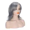 Pelucas de Estilo Europeo y Americano para Mujer, Cabello de Longitud Media con Raya Lateral y Flequillo Diagonal, Mechas Negras y Grises, Mechas Ligeramente Rizadas, Peluca de Fibra de Alta Temperatura
