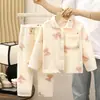 Conjunto de pijama para niños, forrado de polar y engrosado, franela para niños, ropa de casa cálida para niñas, conjunto de cárdigan, ropa para bebés y niños