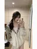 Cardigan Bordado de Casal para Inverno Top Estilo Preguiçoso Xadrez Americano Costura Moletom com Capuz Espesso Forrado de Lã Jaqueta para Mulheres