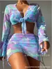 2024 Dongshengda Sexy Colorido Manchado de Cuatro Piezas Malla Transparente de Manga Larga Falda Traje de Baño Bijini Bikini