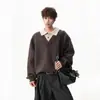 Suéter Falso de Dos Piezas Estilo Old Money para Hombre Otoño/Invierno Marca de Tendencia Engrosado Cálido Cuello Chal Tejido Grueso Camisa de Pareja Chaqueta