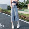 Saia Jeans Vintage Feminina Estilo Coreano Nova Primavera e Outono Verão Fenda Cintura Alta Emagrecedora Reta Linha A Comprimento Médio