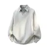 Sudadera con Patchwork de Rayas de Moda, Falso Dos Piezas con Cuello de Camisa para Hombre, Estilo Universitario de Otoño, Solapa, Top Casual, Silueta Oversize, Ropa de Abrigo