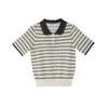 Fio original Xiaohe Kangsaini! Top de malha com gola polo listrada color block estilo navy de manga curta para mulheres H082207