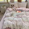 Conjunto de quatro peças com borda de renda bufante, conjunto de cama de gaze bufante estilo princesa castanha doce, roupa de cama para casa para meninas