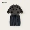 Youbao Moda Infantil Malha para Bebê Calça Jeans com Barra Curva Conjunto de Duas Peças Moda Estilosa Conjunto de Suéter com Estrela para Meninos